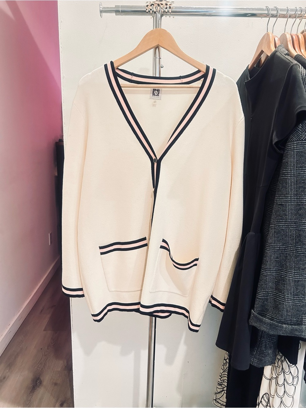 Cream V-Neck Cardigan with Black Trim